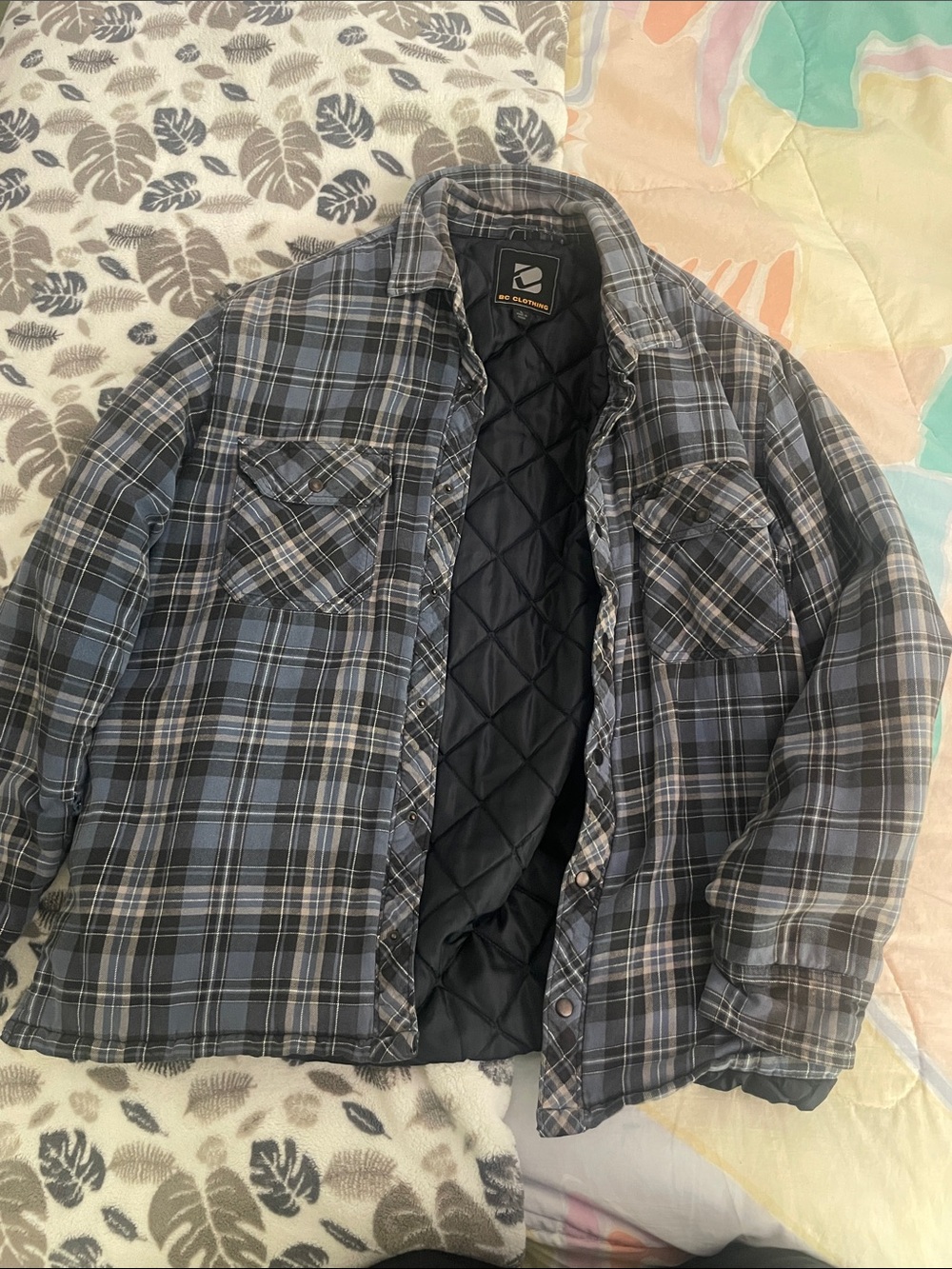 Men's Quilted Lined Plaid Jacket - Gray Blue